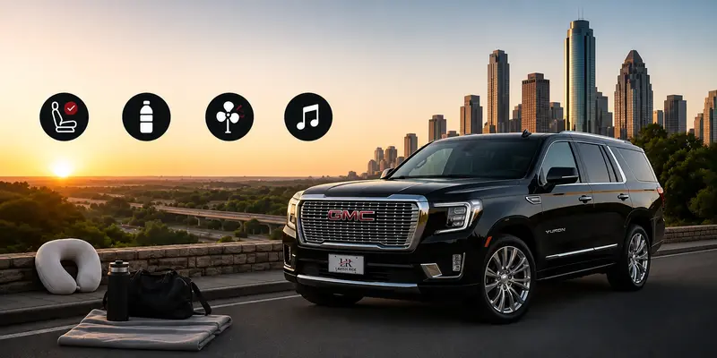 Black GMC Yukon with travel essentials, highlighting comfort during long-distance car travel through supportive seating, hydration, relaxation, and a smooth travel experience.